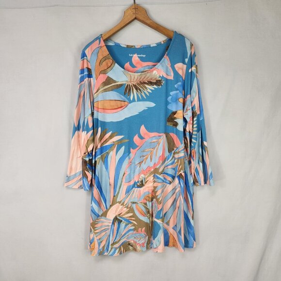Soft Surroundings Tunic Women's L Floral Palm Leaves 3/4 Sleeve Scoop Neck Blue - Picture 3 of 7